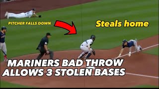 RUNNER STEALS 3 BASES AFTER MARINERS ERROR, breakdown