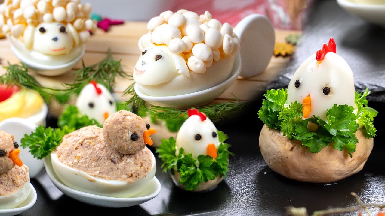 Фаршированные яйца - Курица в гнезде, утята и ягнята с грибами эноки. Яичные закуски!