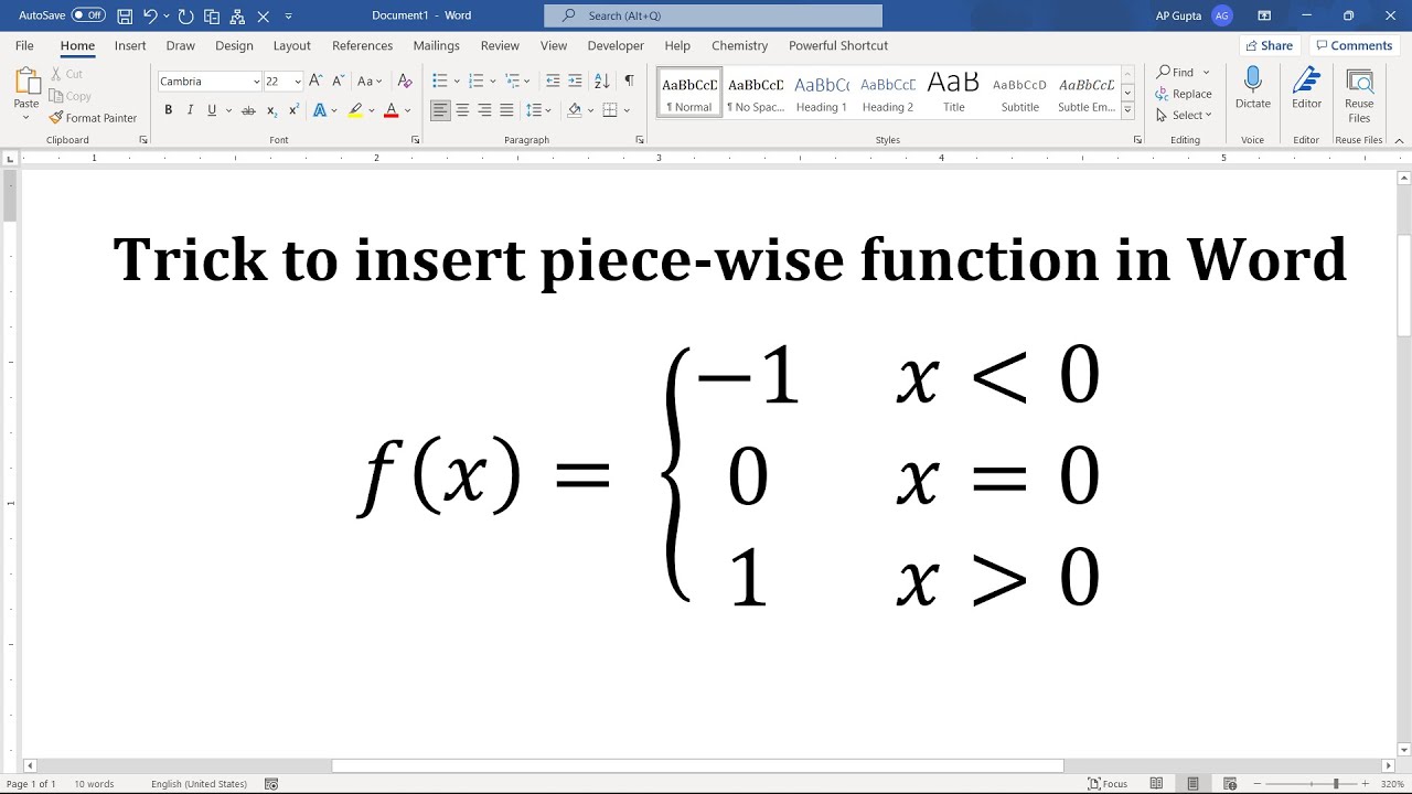 Insert A Piecewise Function In Ms Word