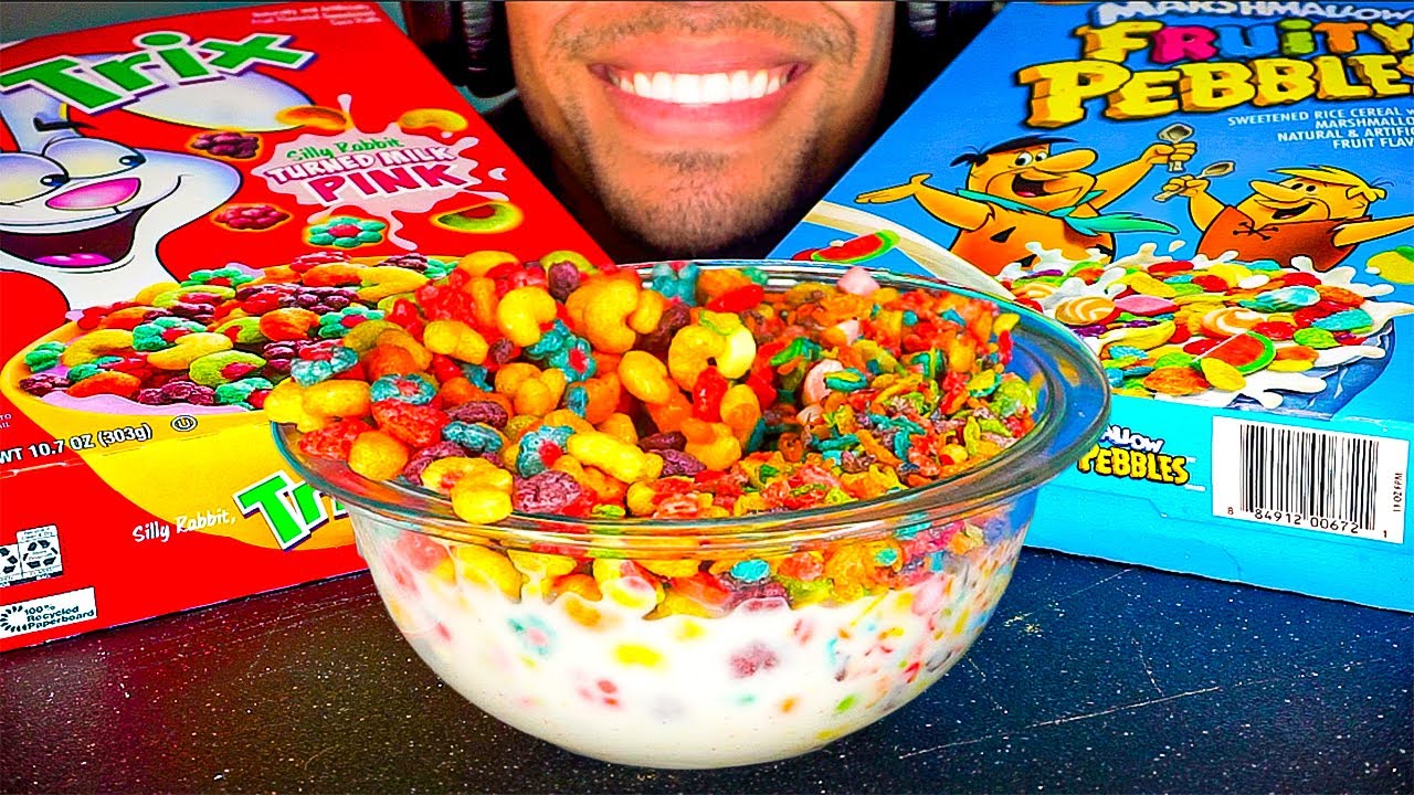 ASMR FRUITY PEBBLES VS TRIX CEREAL BATTLE CHALLENGE EATING SHOW NO