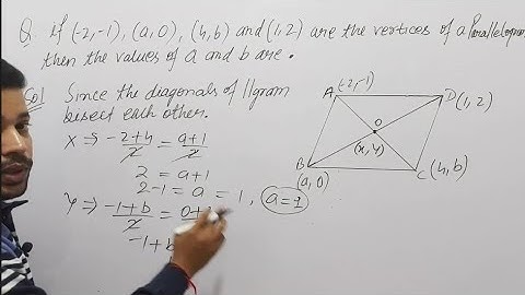 If A(–2,–1), B(a,0), C(4,b) and D(1,2) are the vertices of a parallelogram find the values of a & b