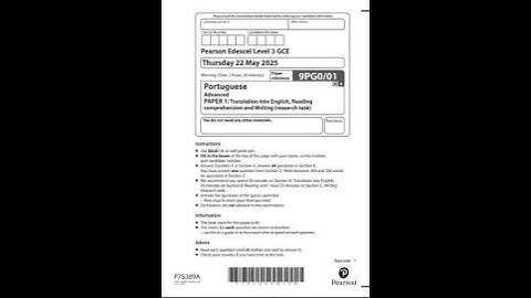 PEARSON EDEXCEL A LEVEL PORTUGUESE PAPER 1 QUESTION PAPER 2025 (9PG0/01)