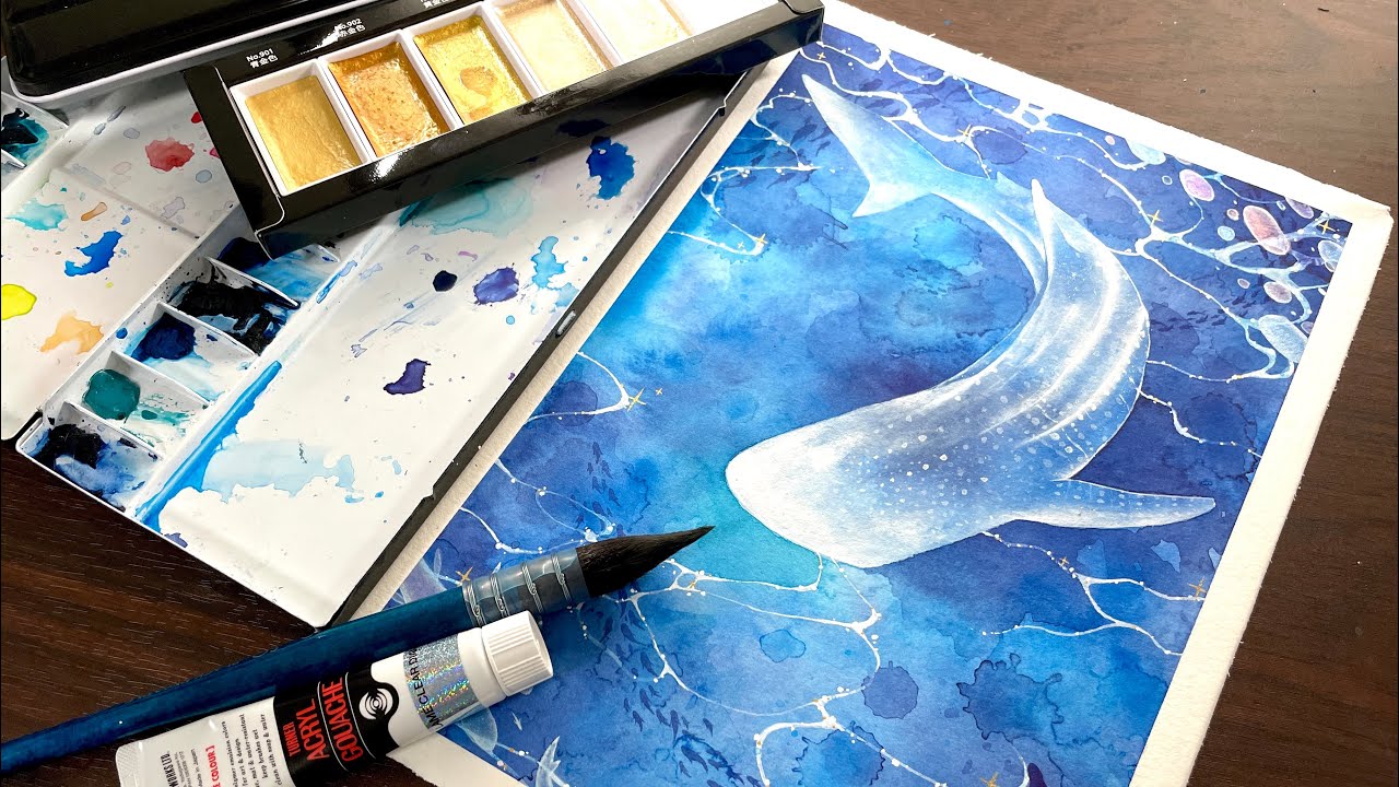 海の神様みたいなジンベエザメを透明水彩で描く｜メイキング｜Painting a whale shark like a god of the sea with watercolor.