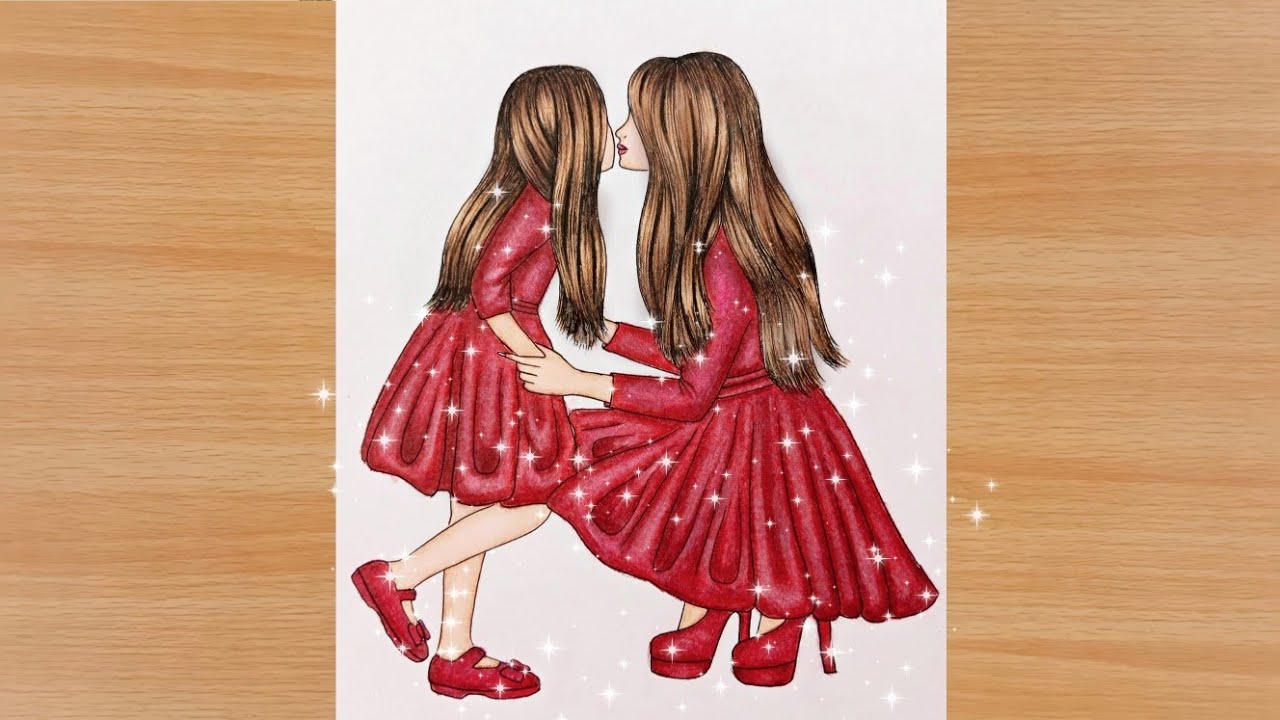 How to draw a Mother and a daughter wearing matching outfits | Easy Drawing | Mother's Day Drawing