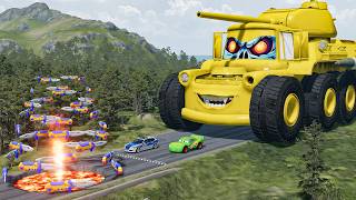 Giant TANK TRUCK VS Cars Lightning McQueen & Police Car & Giant Knife Downhill Race - Beamng.Drive screenshot 3