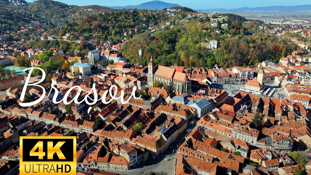 Drone Approaching Black Church Brasov. Descending Shot. Slow motion 4K Video.