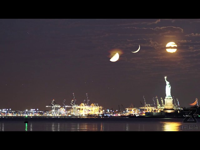 Three Moons and a Statue - A Moon-Stack Time-lapse of the crescent moon, half full and full moon class=