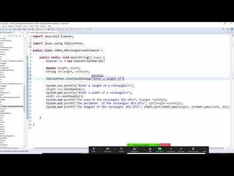 Java ,CH 4,  Input length and width from inputbox, display area, perimeter and diagonal  Pythagorean