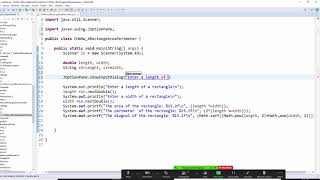 Java ,CH 4,  Input length and width from inputbox, display area, perimeter and diagonal  Pythagorean