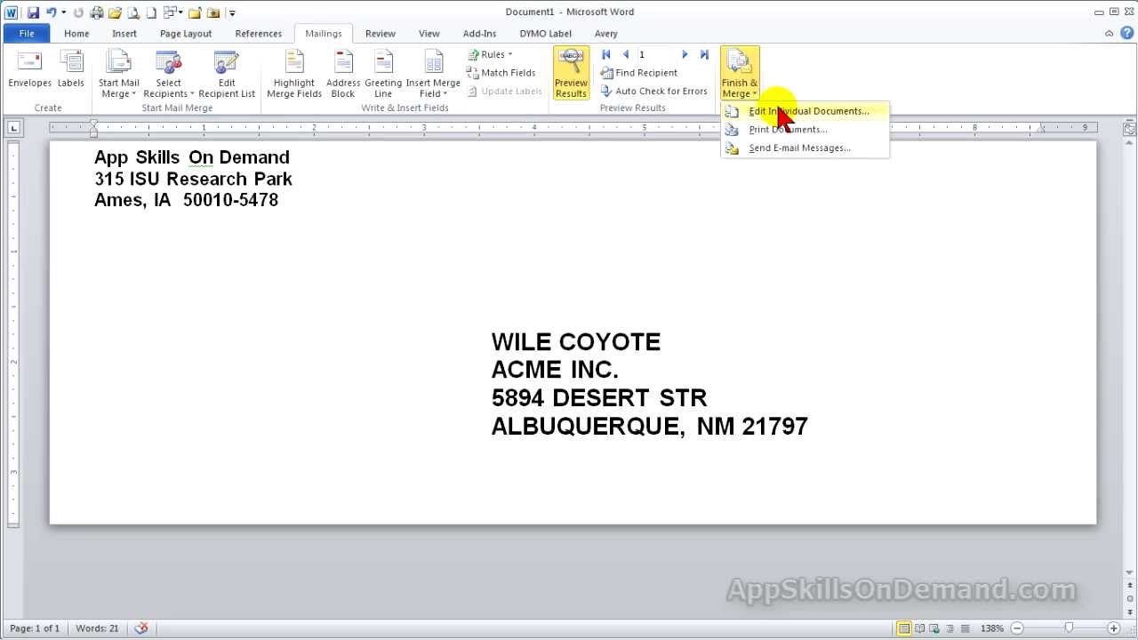 MS Word Lesson 6  use Mail Merge to print addressed envelopes from your customer list.  YouTube
