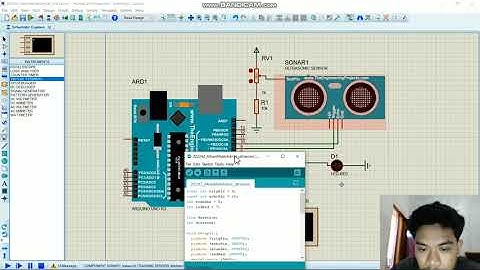 RANGKAIAN  SENSOR ULTRASONIK,LED,DAN SOUNDER DI PROTEUS