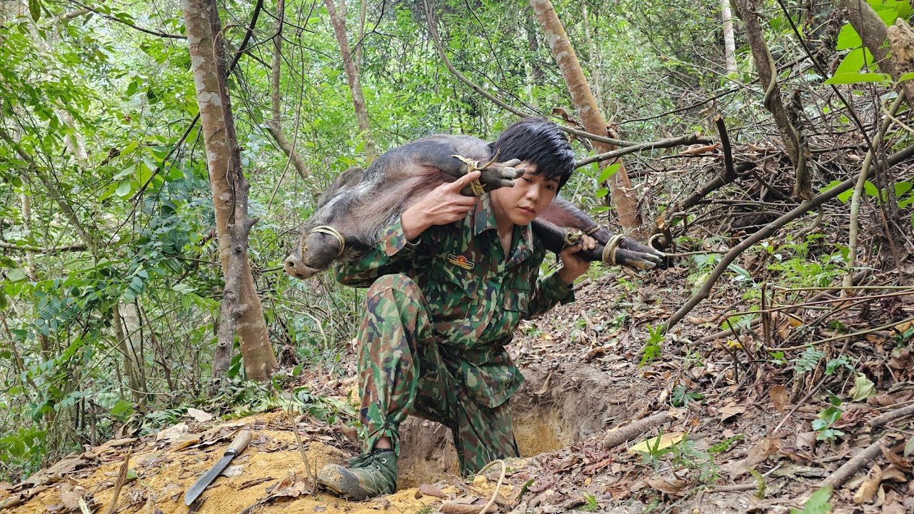185 days of survival in the wild, wild boar trapping skills, shelter, survival alone