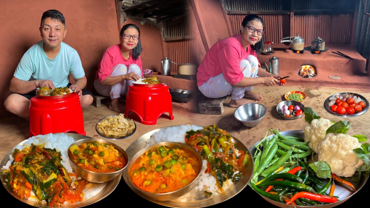 Cauliflower Green Peas Curry & Onion Leaves Chutney with Rice Cooking and Eating in Village Kitchen