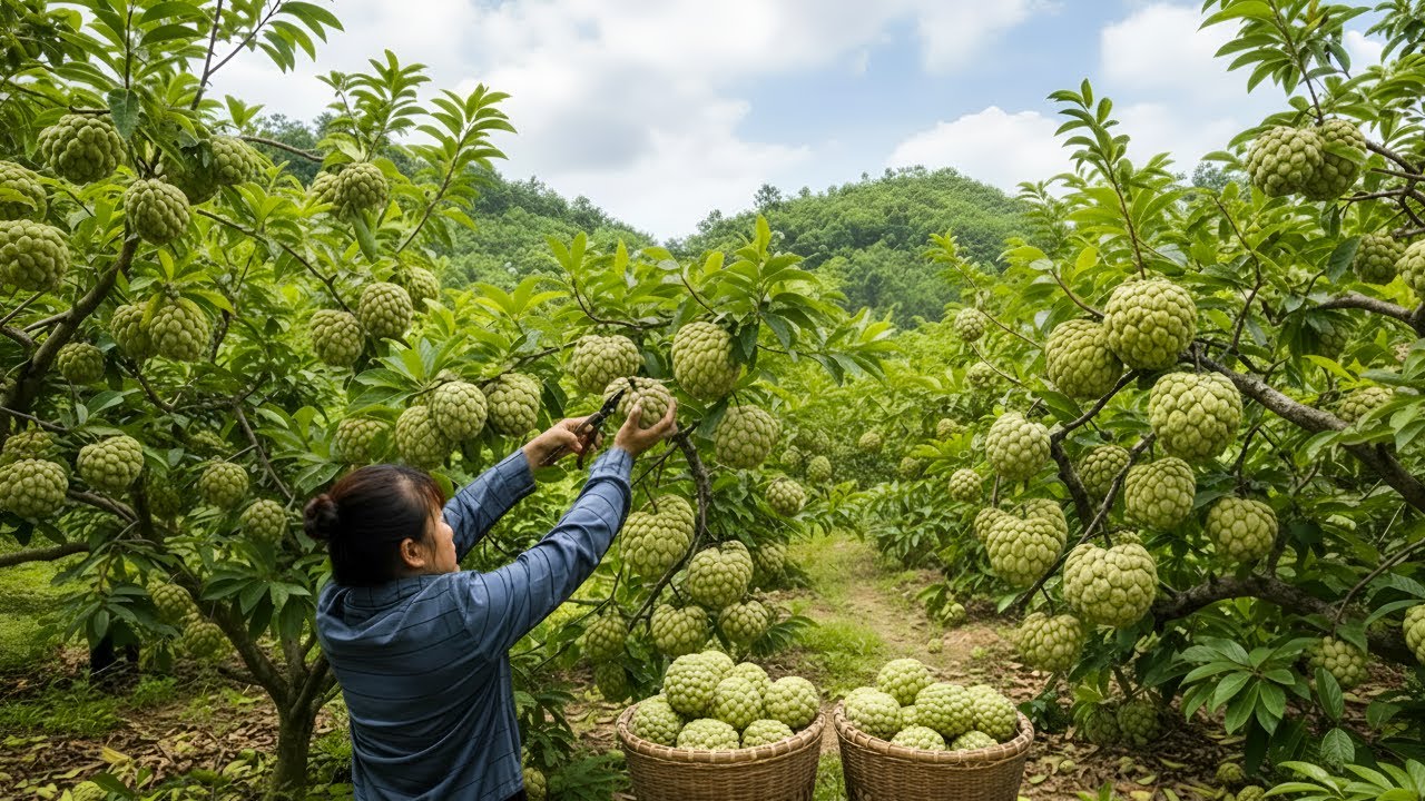 Harvesting green custard apples to sell at the market - Making braised pork with coconut pulp