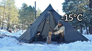 15°C Solo Hot Tent Camping In Snow, Wood Stove | Cozy ASMR