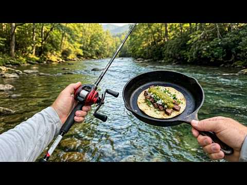 River Fishing for GIANT Bass: Cooking Tacos on the Riverbank