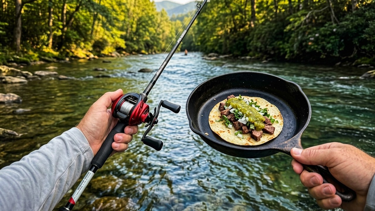River Fishing for GIANT Bass: Cooking Tacos on the Riverbank