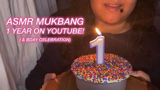 ASMR Mukbang Dot Cake & Strawberry Cake / 1 Year on Youtube! (Ramble & Eating Mouth Sounds) 🎂🍰🥳🎉