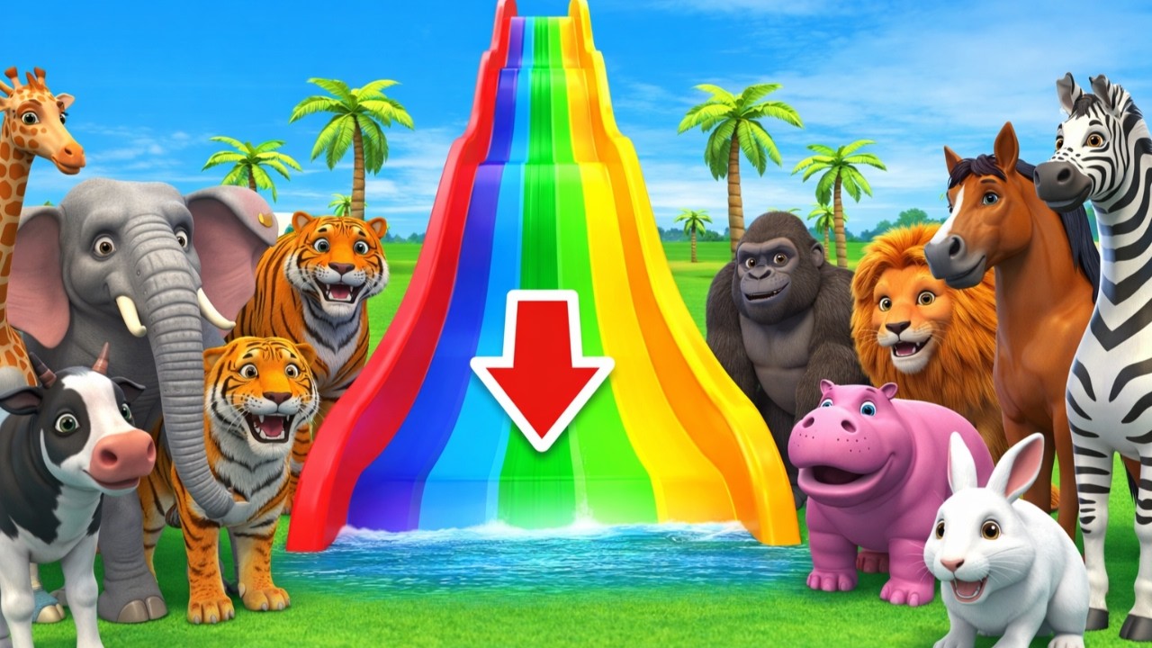 Long Slide Game with Elephant Tiger Lion Giraffe Gorilla Rabbit 3D Animal Game Funny 3D Animals