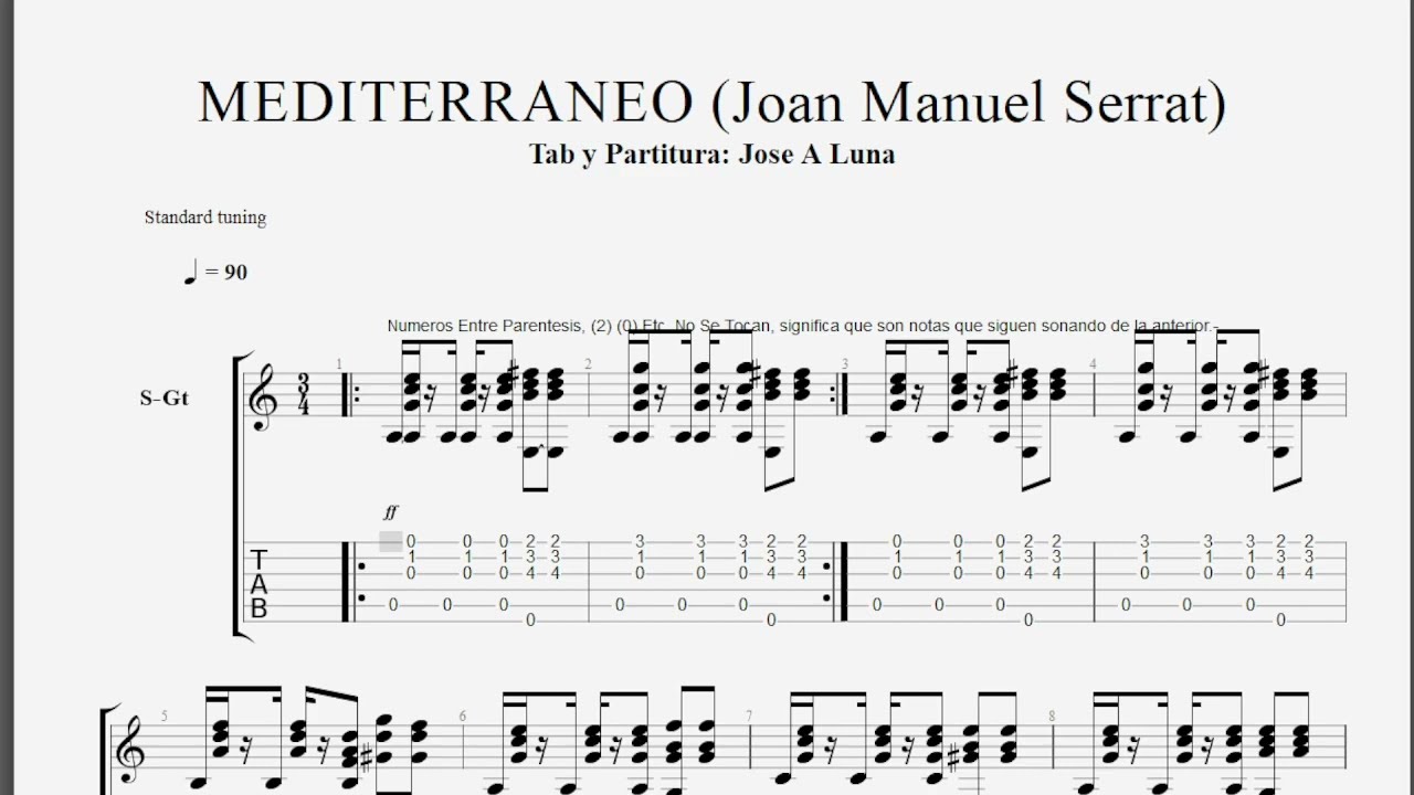 Mediterráneo (Joan Manuel Serrat) Armonía o Ritmo en Tablatura y partitura