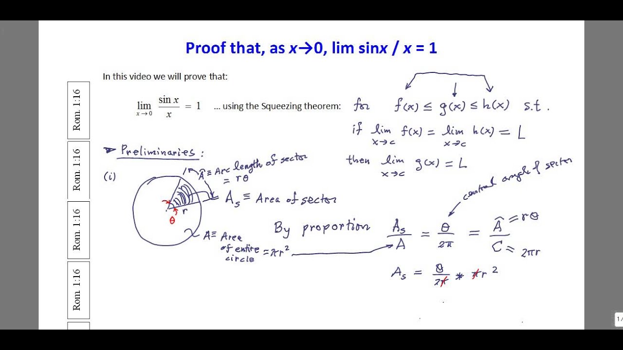 Proof that, as x tends to 0, the limit (sinx/x) = 1 - YouTube