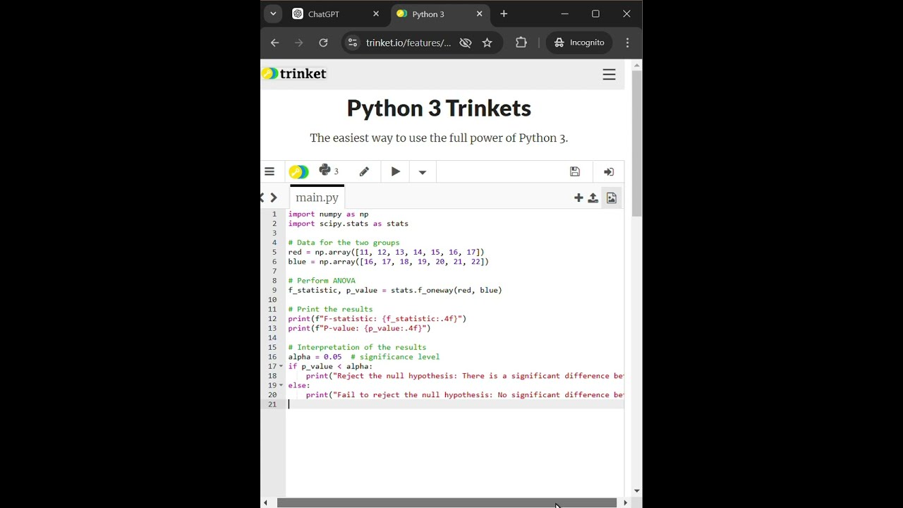 Performing ANOVA online within a minute in Python using chatGPT+Trinket 