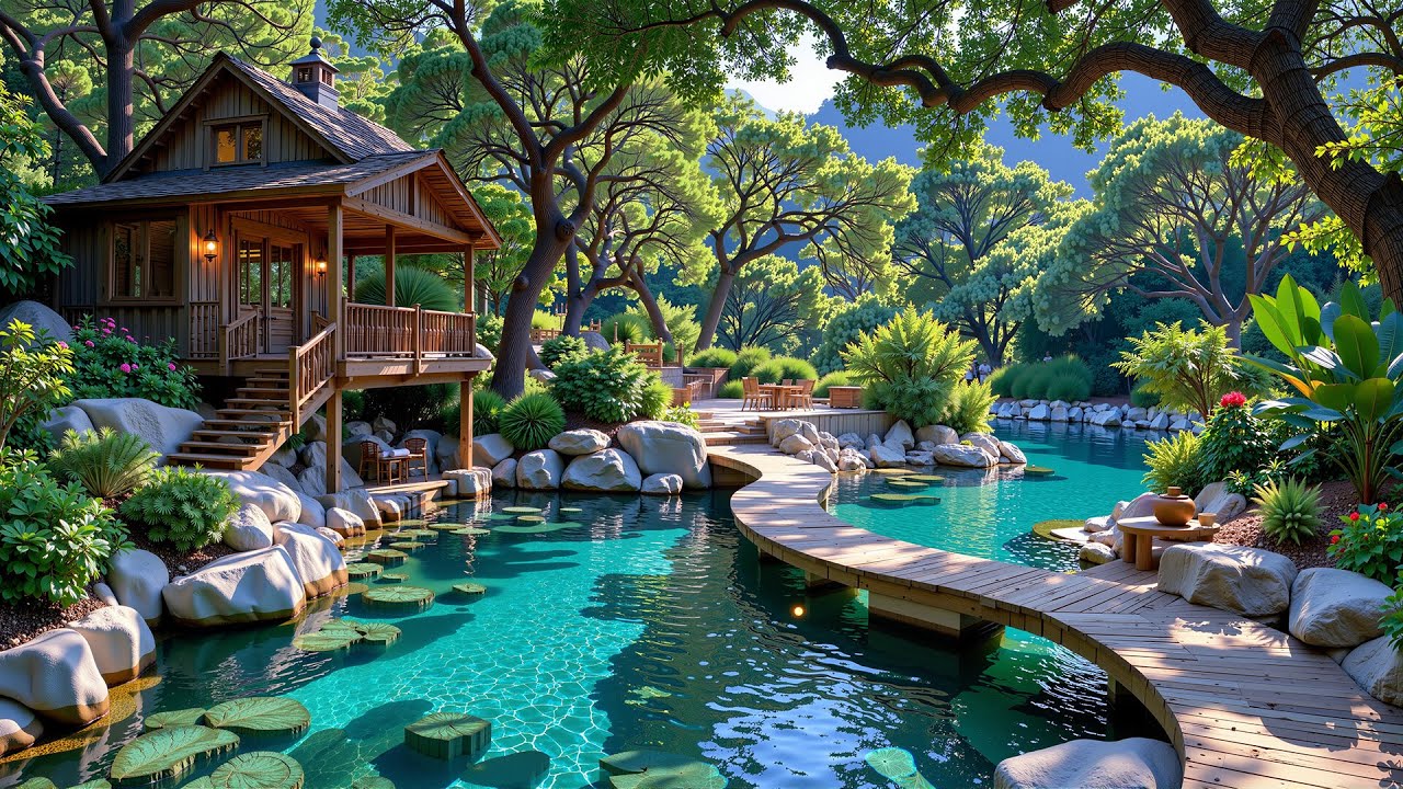 Tranquil Forest Jazz Café | Peaceful Morning Riverside & Fresh Coffee Shop Ambience for Study & Work