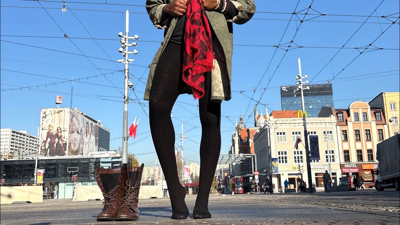 Tights In Public - Wearing Black Cable Knit Sweater Tights In Katowice, Poland! 