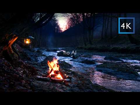 Campfire by the River at Evening Sunset — Relaxing Nature Sounds | Real Video (4K)