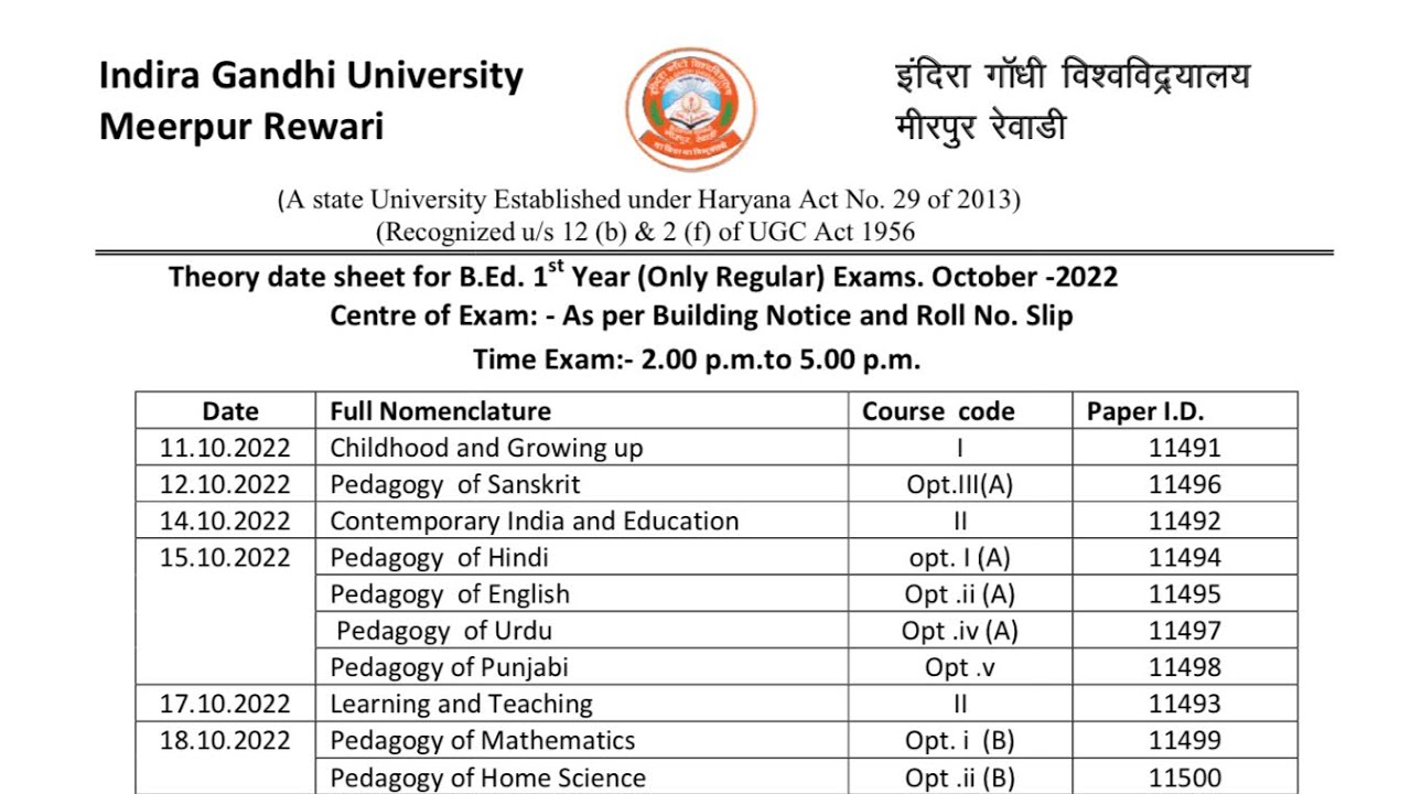 IGU B.Ed. 1st Year DateSheet Declared Indira Gandhi University