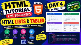 HTML Tutorial for Beginners Day 4 in English | HTML Lists & Tables | Full Course in 15 Days Update
