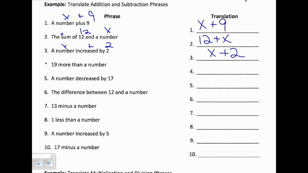 1 5 Translating Words Into Mathematical Phrases Part 1 Youtube