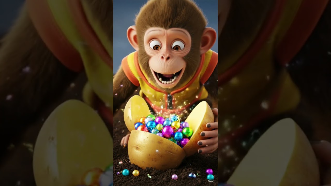 Bright farm field, same cartoon style, monkey planting potato, d