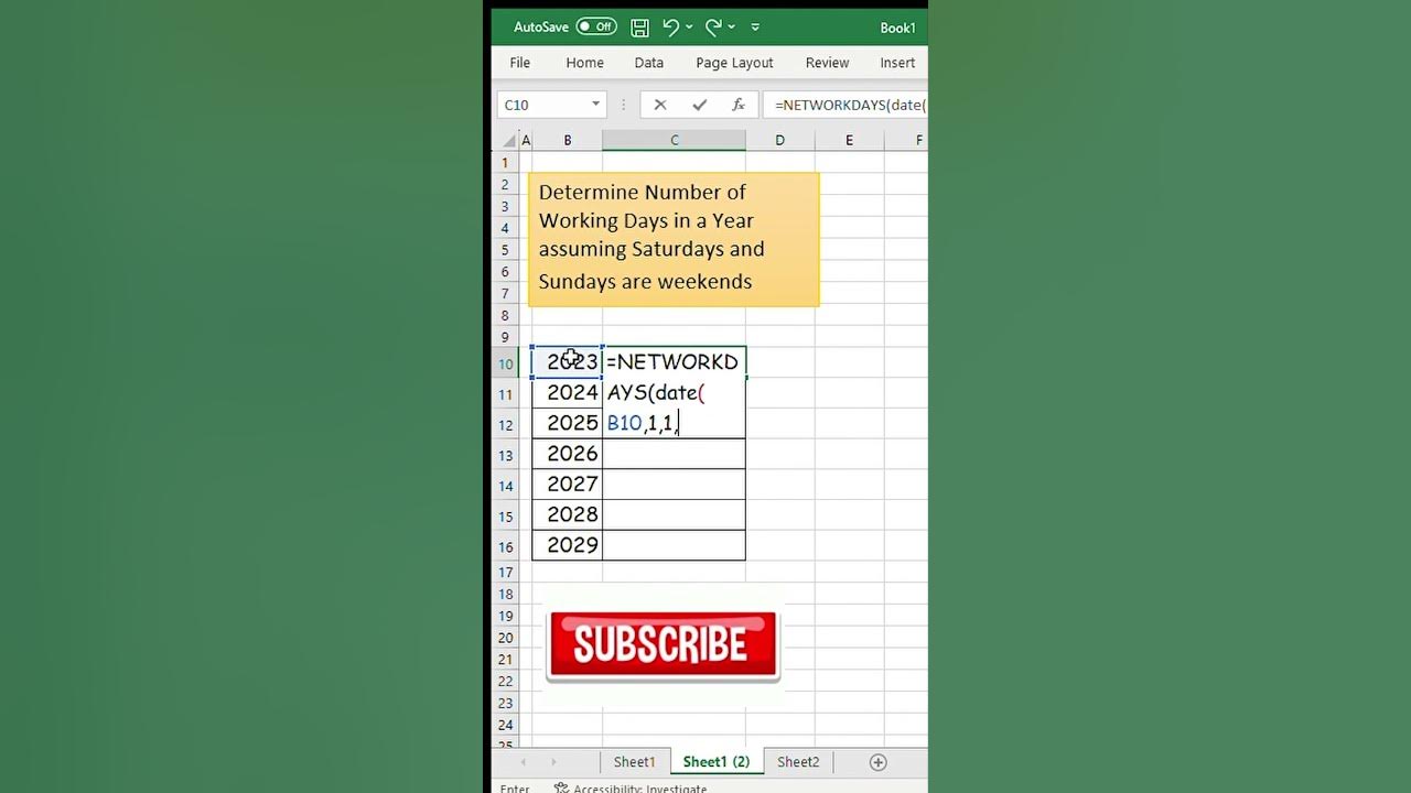 How to determine working days in a year in excel youtube