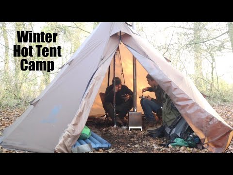Winter Camping with my Son and my Dog.  Hot Tent Overnight Camp.  Tent Heater.  Kebabs.