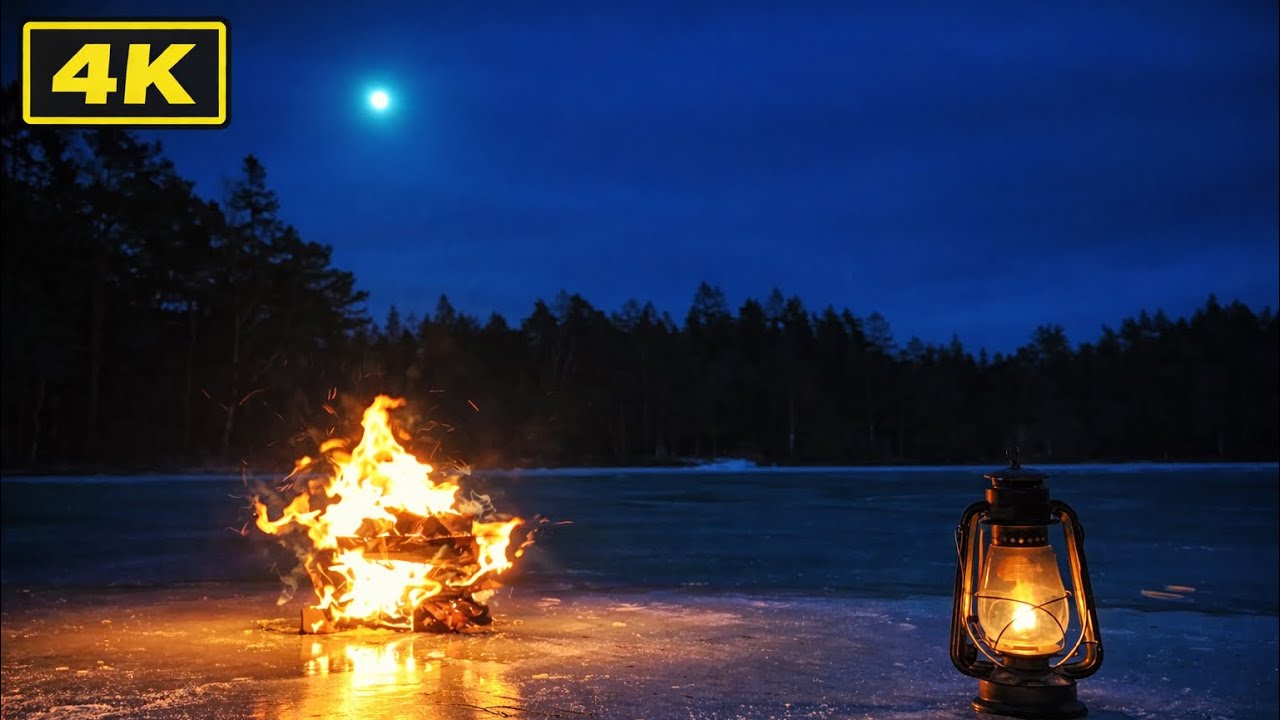Winter Campfire on a Frozen Lake ❄️🔥 Deep Sleeping sound & Night Ambience