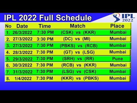 IPL T20 2022 Full Schedule & Time Table || STARTING DATE - 26/03/2022