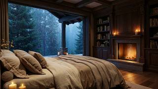 Heavy Rain in Pine Forest 🌲 Dark Cabin Bedroom & Fireplace Sleep Sounds [7 Hours]