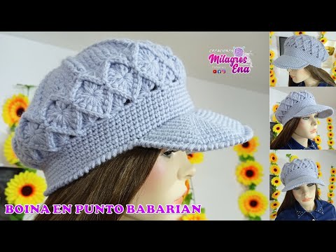 Video boina con visera tejida a crochet en punto bavarian o rombos en relieves para damas paso a paso por Milagros Ena Tejidos a crochet