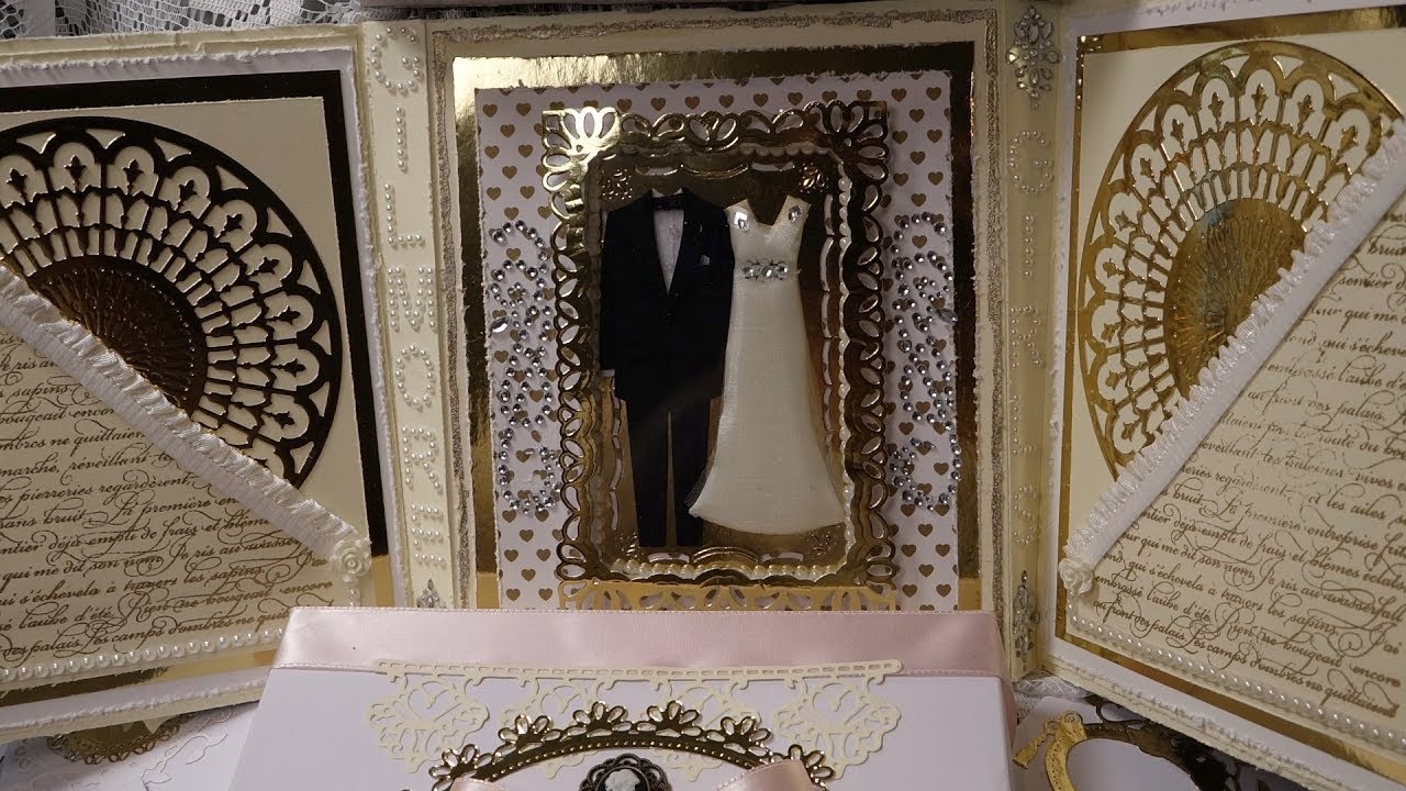 Romantic Shadow Box Wedding Card Showcasing Bridal Gown Tuxedo