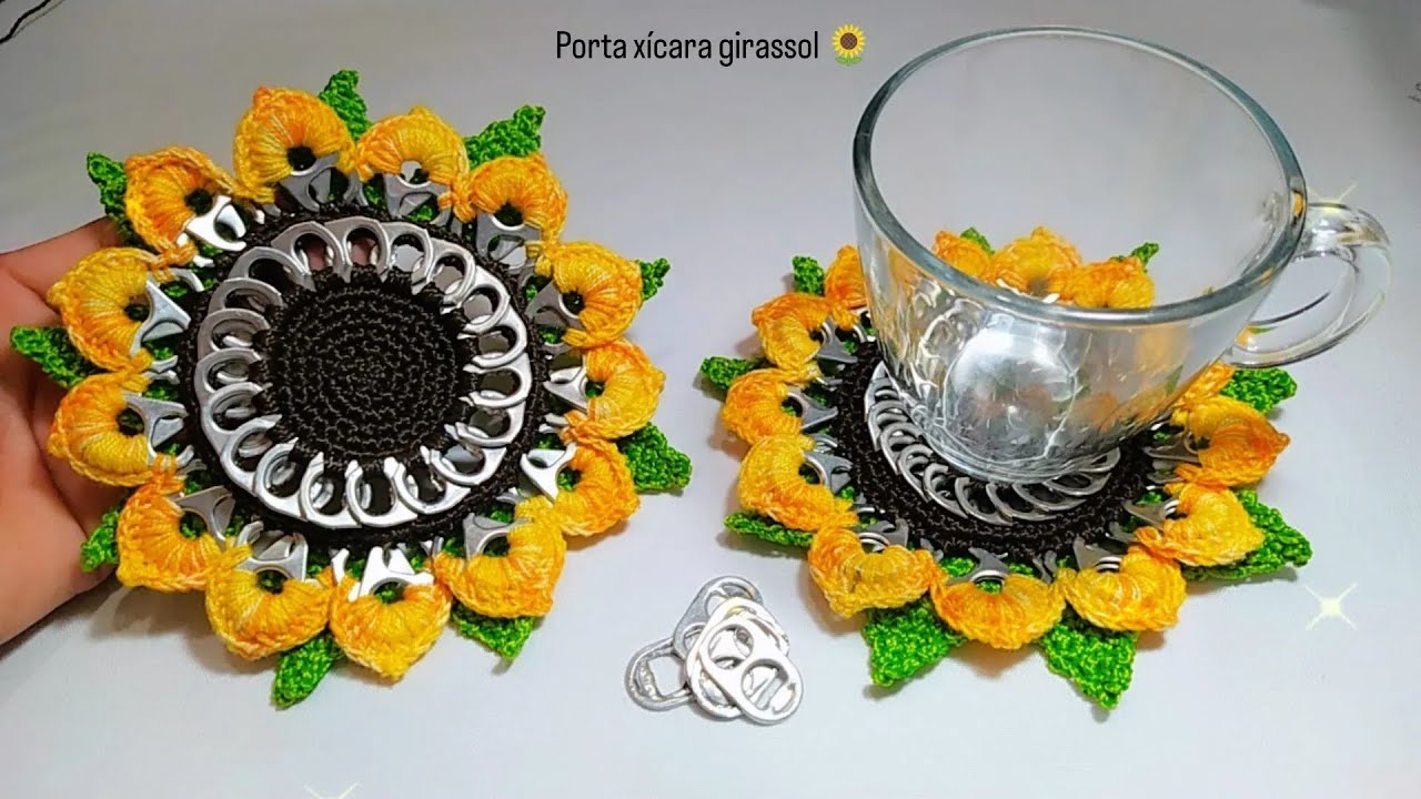 PORTA XÍCARA OU DESCANSO DE COPOS GIRASSOL 🌻🌻 EM CROCHÊ RECICLANDO LACRES DE LATINHAS♻️