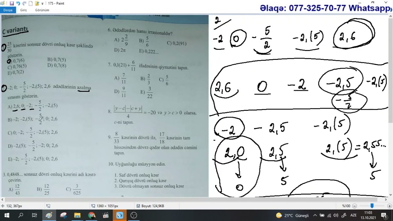DİM 8 ci sinif.  Səhifə 175.  Həqiqi ədədlər.  C variantı