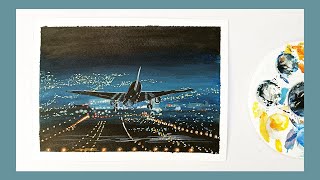 [15 Days Simple Landscape Art Challenge] Day 13 / Airport Night View | Gouache Art screenshot 1
