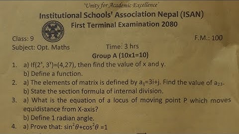 Latest Opt. Math Question,Class 9,ISAN..1st Term Exam 2080, Bhaktapur