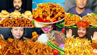 ASMR:EATING SPICY CHICKEN FEET CURRY,SPICY KALEJI KOSHA WITH RICE,FISH CURRY,EGG MASALA WITH PURI?