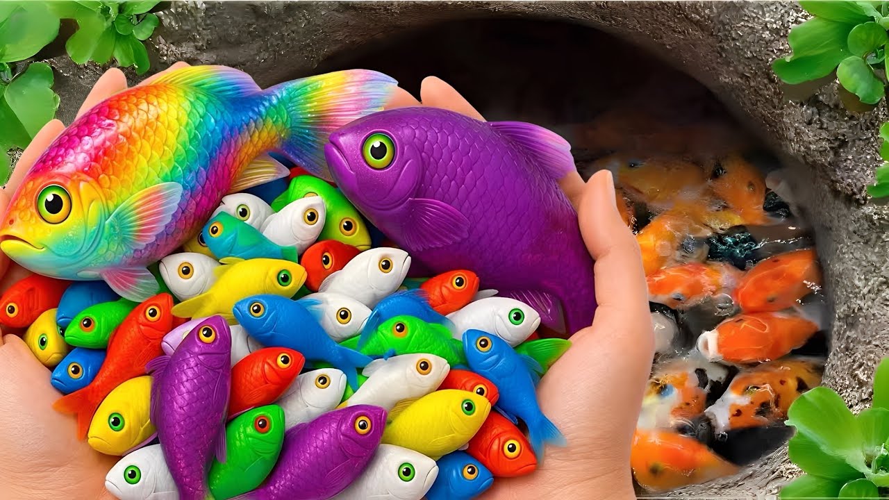 Catching colorful ornamental fish in the small pond, tiger barbs, swordtails, bettas, candy fish.