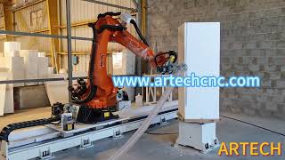 kuka robot arm with 7 axis rotation table, 8 axis rails, dust collector for foam sculpture milling.