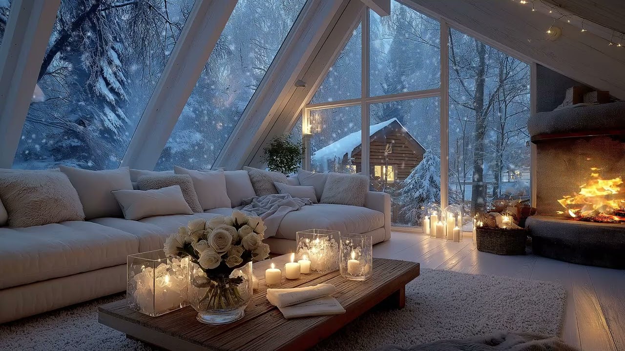 🎶Warm Winter Piano | White Lounge Flowers & Snow Outside | 5 Hour Relaxing Stress Relief Study Sleep