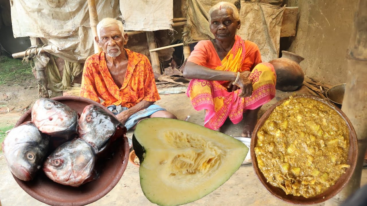 ⁣Fish head Recipe With pumpkin 🎃 || grandma cooking video #tribecooking #villagecooking #cooking