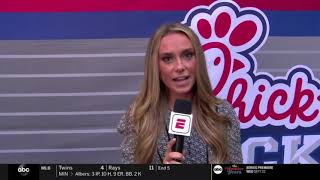 Molly McGrath at the 2021 Chick-fil-A Kickoff Game talking Childhood Cancer Awareness